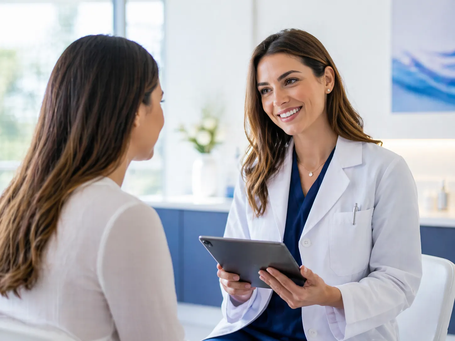 A dermatologist reviewing information on a tablet with a patient